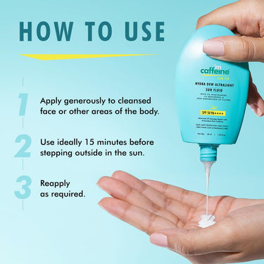 mCaffeine Hydra Dew Ultralight Sun Fluid SPF50 PA++++ UVA/UVB Blue Light Protection|Water Like Glow Texture|Lightweight, Non-Sticky, Quick Absorbing|No White Cast|All Skin Types|For Men/Women - 50ml